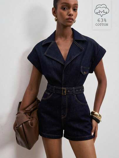 ATUI Studio Women's Elegant Deep V-Neck Cinched Waist Denim Jumpsuit And Romper, Versatile For Co... | SHEIN