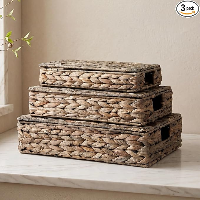 3 Pcs Wicker Storage Baskets with Lids 16" 14" 12" Water Hyacinth Pantry Baskets Woven Organizers... | Amazon (US)
