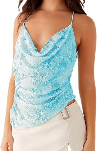 Women Y2K Sequin Cami Top Sparkly Floral Pearl Rhinestone Embellished Halter Tank Top Summer Glitter Camisole (B Blue,XL) | Amazon (US)