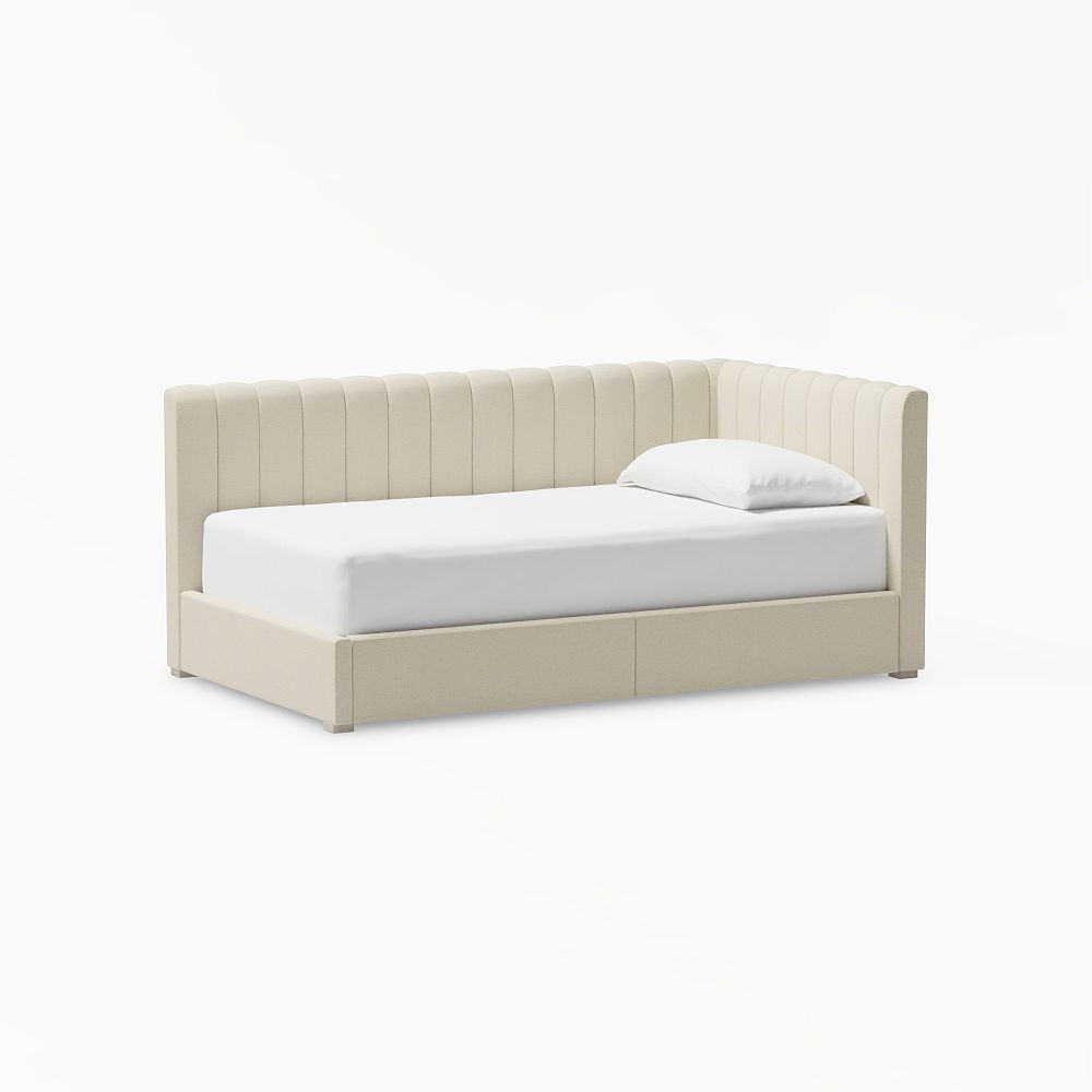 Avalon Upholstered Corner Storage Bed, Twin, Heathered Chenille Pebble | Pottery Barn Teen