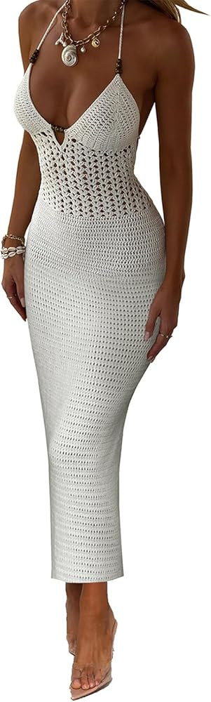 Women Backless Halter Mini Dress Casual Summer Knit Crochet Cutout Tie Back Bodycon Party Dress B... | Amazon (US)