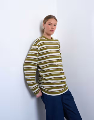 Topshop striped long sleeve slouchy skater tee in khaki | ASOS (Global)