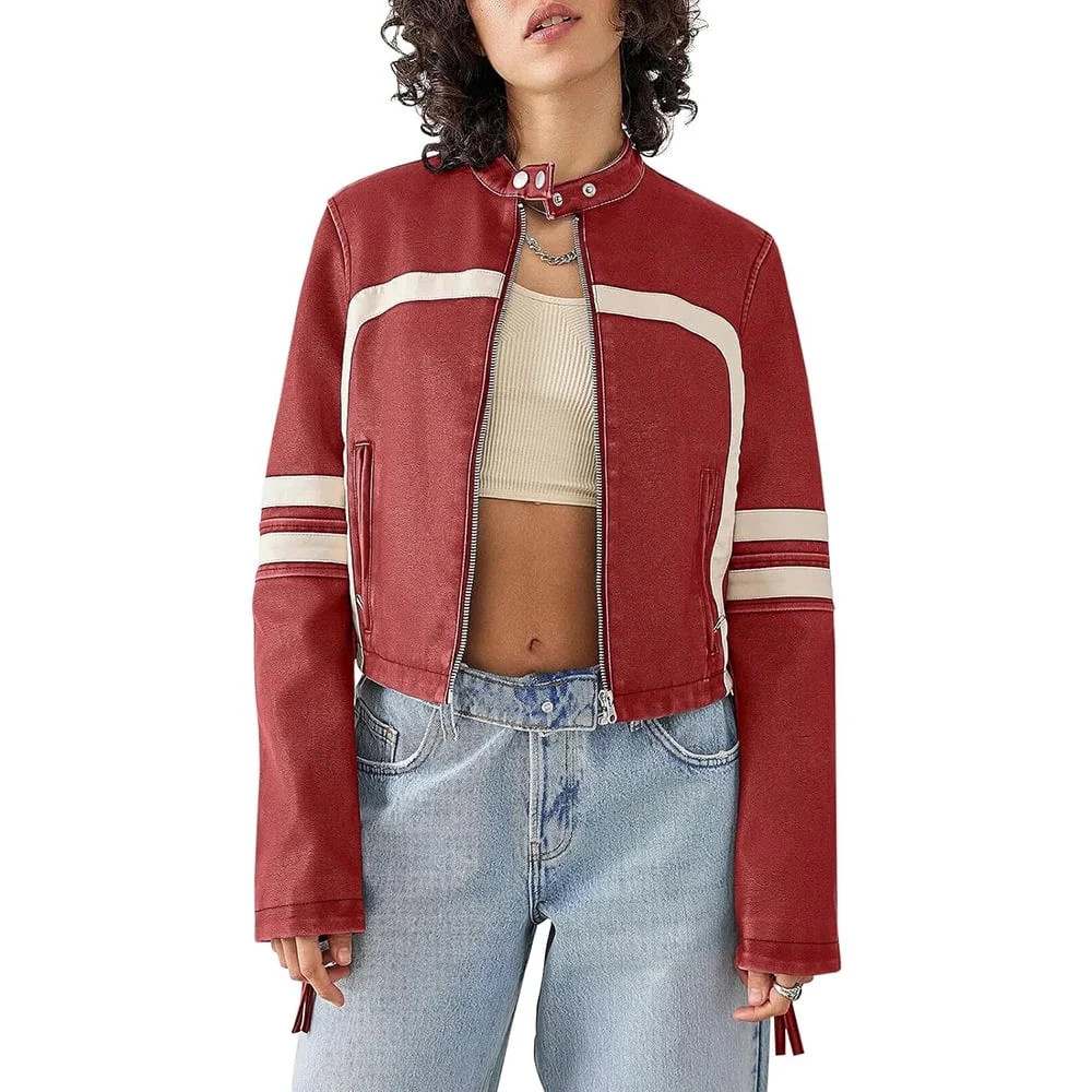 Women's Contrast-Color Stand Collar Faux Leather Cropped Moto Jacket - Red, Long Sleeve, Zip-Up, ... | Walmart (US)