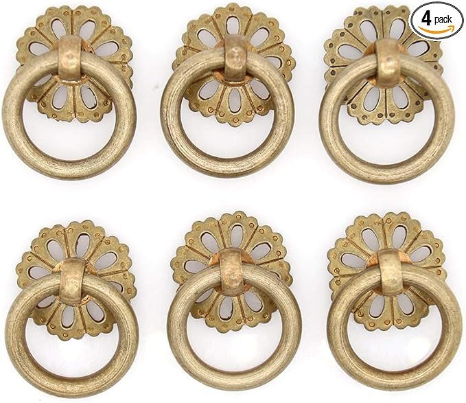 LXZ 4 PCs Vintage Antique Brass Ring Pulls with Hollowed-Out Dome Base - Pure Solid Brass Cabinet... | Amazon (US)