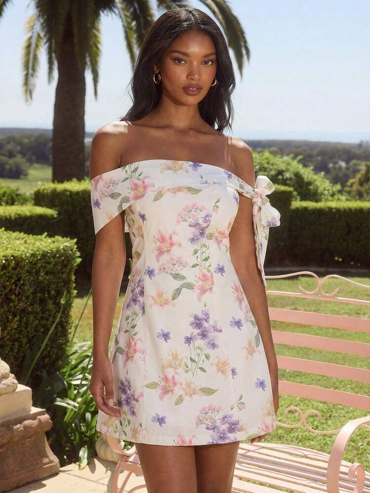 Enchnt Summer Romantic Women's White Floral Print Off Shoulder Backless Bowknot Tie Mini Dress, W... | SHEIN