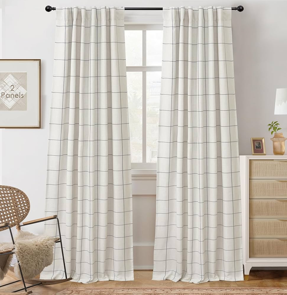 DriftAway 2 Panels 100% Blackout Windowpane Plaid Linen Curtains Double Layer Drapes for Bedroom ... | Amazon (US)