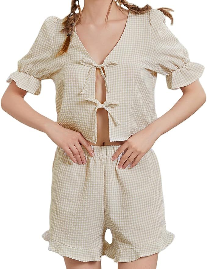 SOLILOQUY Women 2 Piece Pajama Set Plaid Short Puff Sleeve Tie Front Peplum Blouse Top+Ruffled Sh... | Amazon (US)