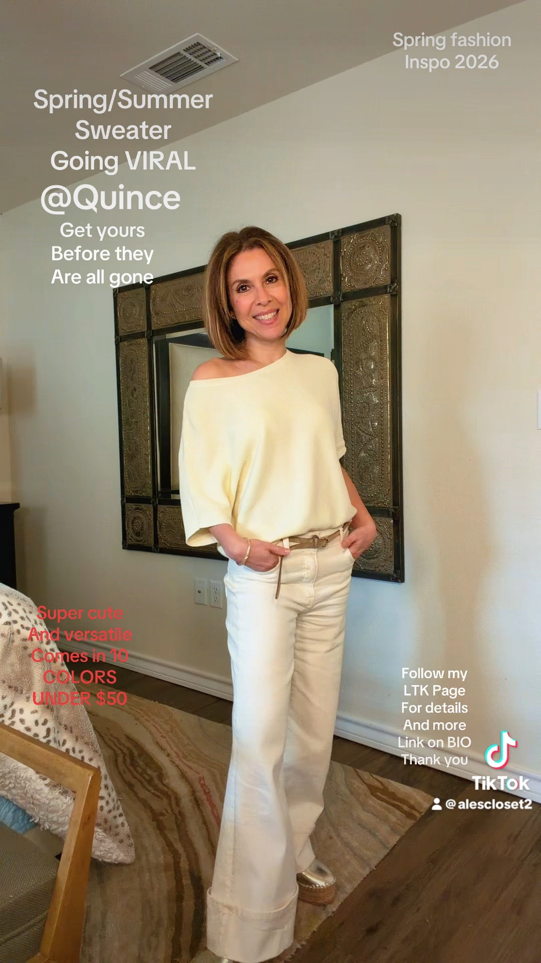 Quince did it again 💛 This Spring/Summer sweater is officially on repeat.

Lightweight, soft, comfortable and SO versatile — you can wear it on or off one shoulder. It comes in 10 colors (I chose the soft yellow and already want more 😅). I’m wearing size XS and still have plenty of room.

Styled with my go-to Kut wide leg pants (size 00) and my new favorite gold mules for the easiest chic outfit you can wear several times a week. Easy, elevated, and under $50 🙌🏼

Everything is linked for you 💛



#QuinceStyle
#SpringSummerStyle
#WideLegPants
#KutFromTheKloth
#NeutralOutfit
#ChicEverydayStyle
#Over40Style
#LTKFinds



#LTKTravel #LTKOver40 #LTKSeasonal