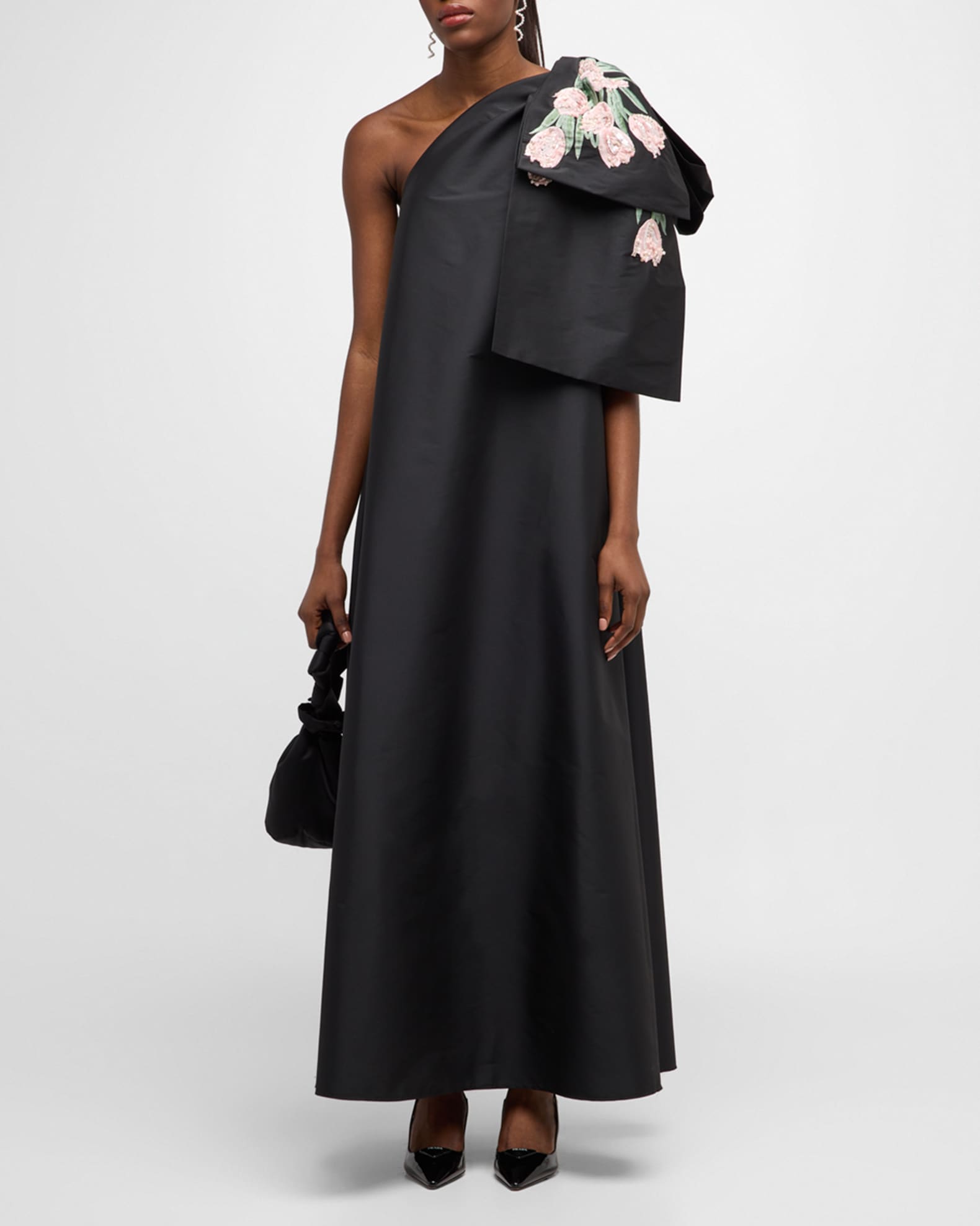 Winnie One-Shoulder Floral-Embroidered Dress with Bow Shoulder | Neiman Marcus