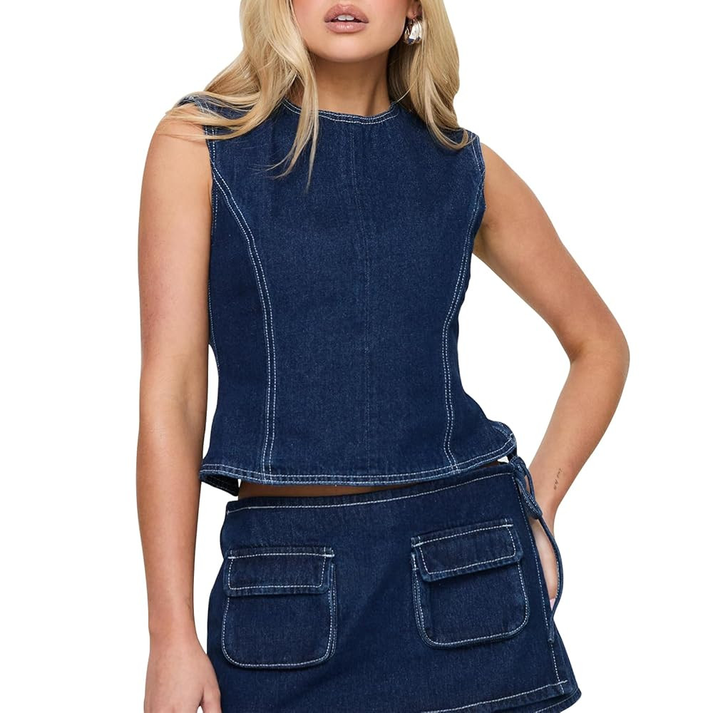 Women Sexy Backless Denim Vest Summer Sleeveless Jean Tank Top Crewneck Tie Up Back Slim Waistcoa... | Amazon (US)