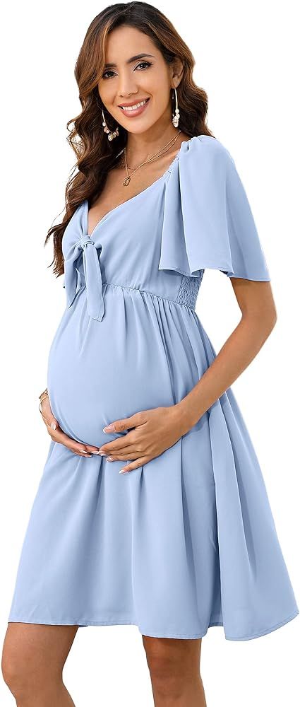 Maternity Dresses for Baby Shower Women's Knotted V Neck Knee Length Wrap Baby Shower Dress | Amazon (US)