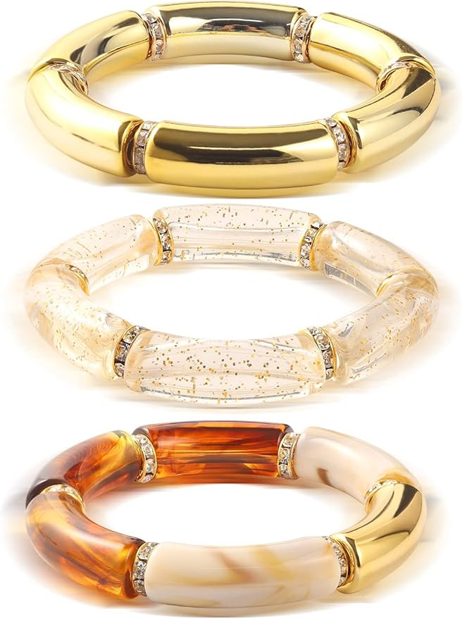 Bamboo Tube Bracelet Chunky Bangle Gold Stacking Bangles Acrylic Clear Stretchable Colorful Beads... | Amazon (US)