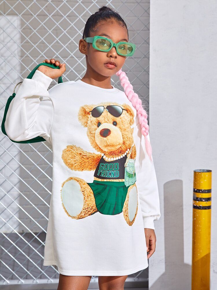 SHEIN Girls Bear Print Drop Shoulder Sweatshirt Dress | SHEIN