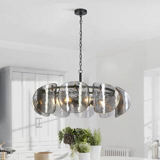 Modern 8-Light Black Drum Chandelier Dining Room Kitchen Hanging Light with Gold Accents and Smoky Gray Glass Discs | The Home Depot