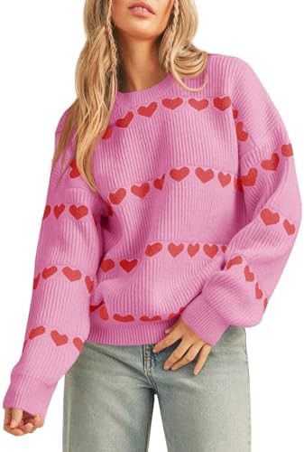 Saodimallsu Womens Heart Sweater Valentine Crew Neck Cute Ribbed Knit Loose Casual Pullover Sweat... | Amazon (US)