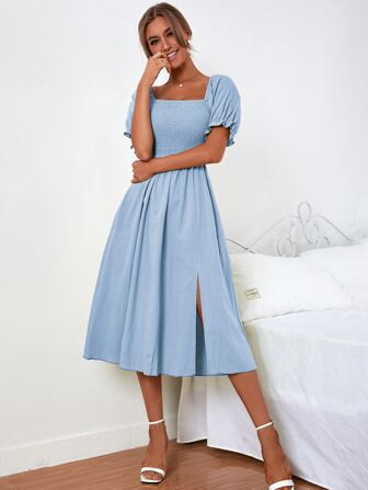 SHEIN VCAY Square Neck Puff Sleeve Split Thigh Dress | SHEIN