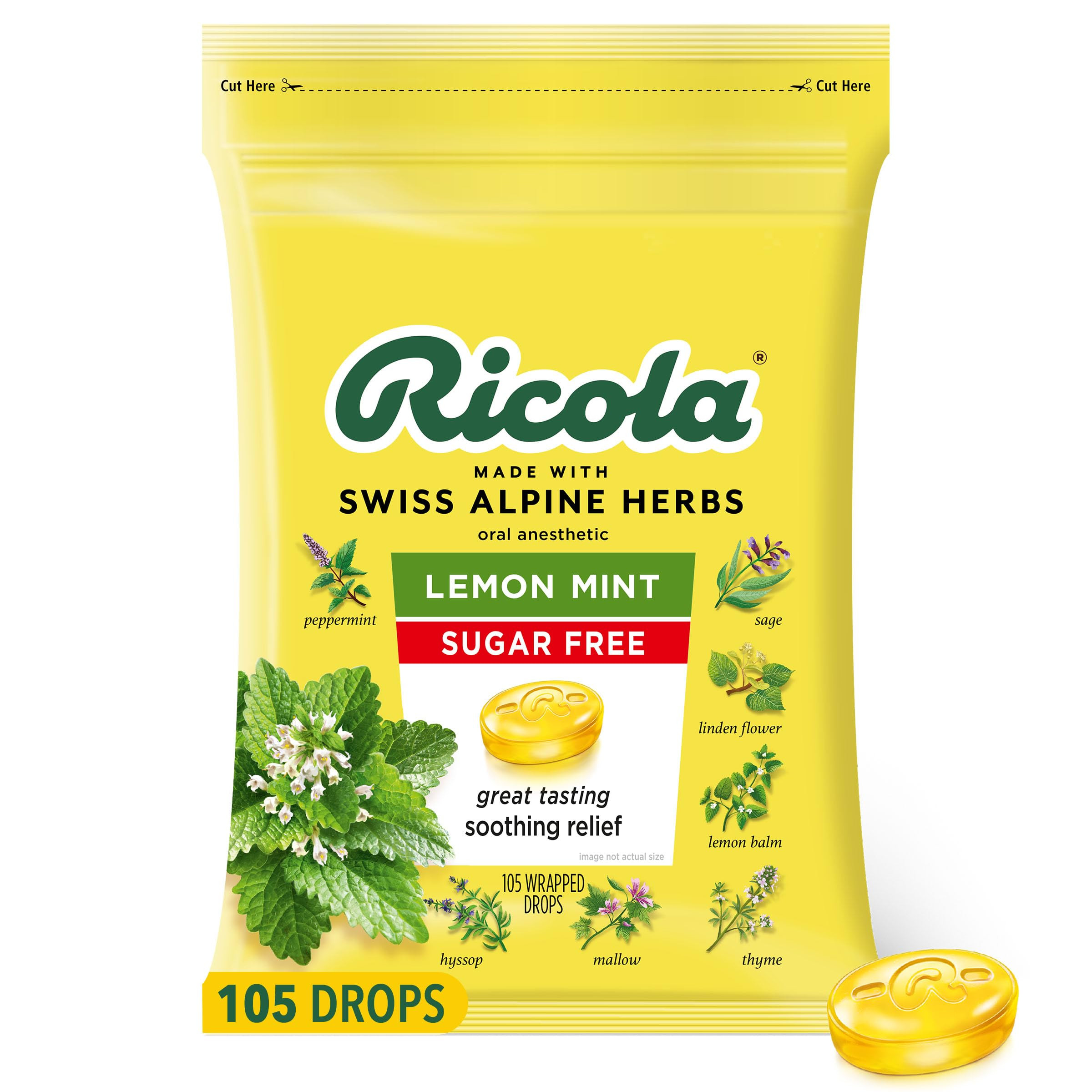 Ricola Sugar Free Lemon Mint Herbal Cough Suppressant Throat Drops, 105ct Bag | Amazon (US)
