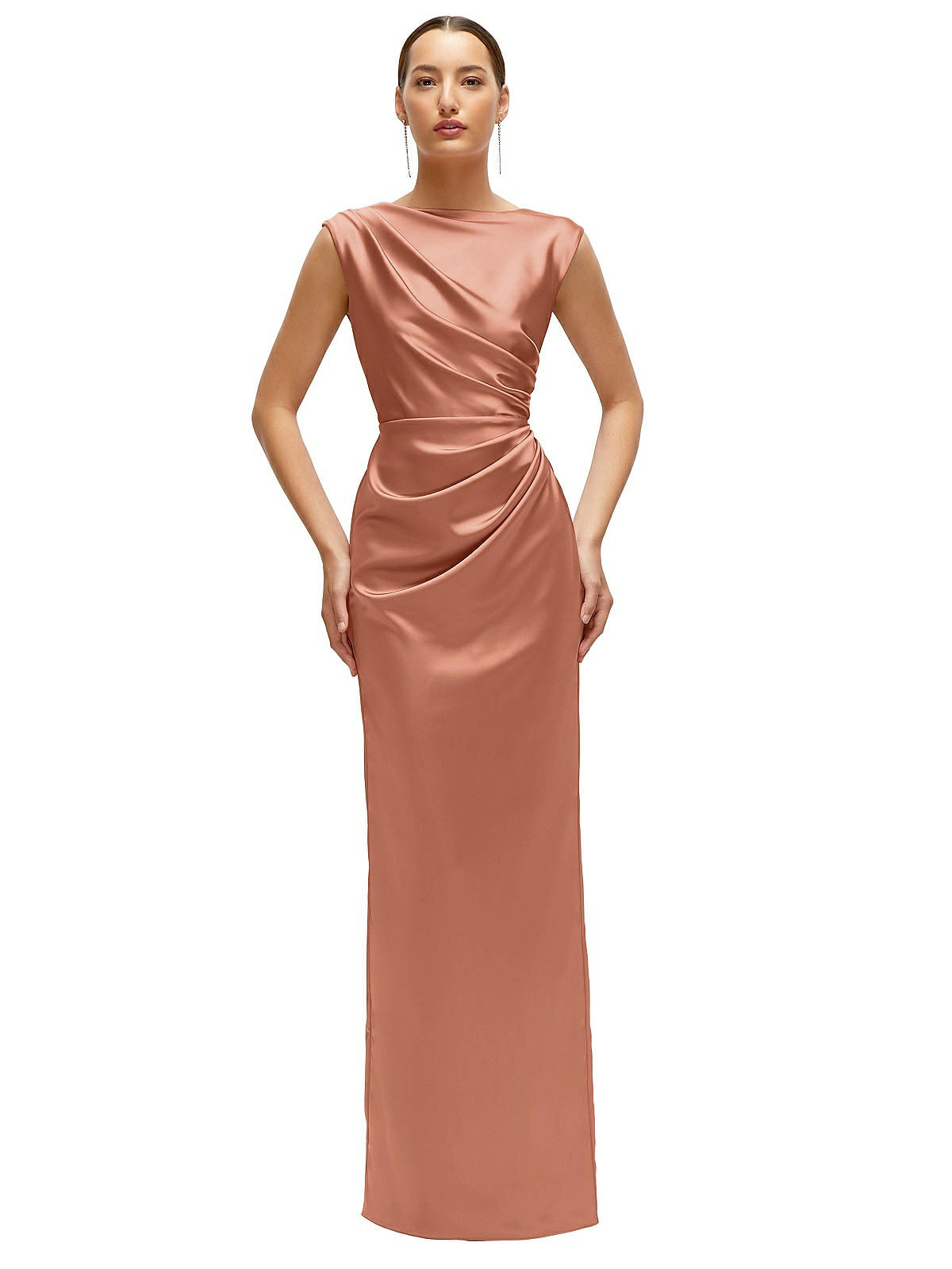 High Neck Sleeveless Cap Shoulder Satin Maxi Dress in Copper Penny | Dessy Group