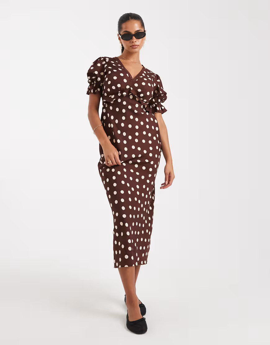 Wednesday's Girl polka dot midaxi dress in brown | ASOS (Global)