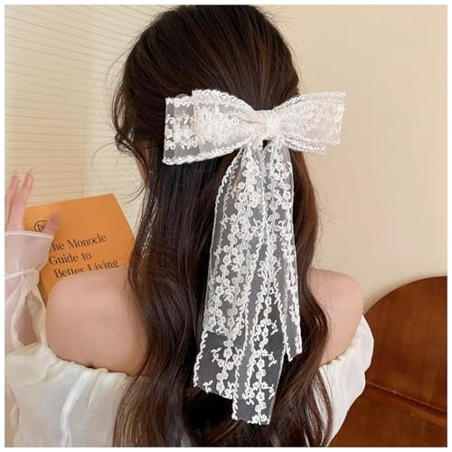 Large Lace Hair Bow Clips for Women Girls | Cute Beige Lace Bows for Hair Weighs Only 0.6 Oz | Off White Hair Decor for Wedding Pageant Prom Party Birthday Party Communion Bridal Shower (1 Pack) | Amazon (US)