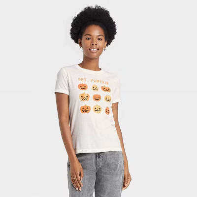 Women's Halloween Pumpkin Grid Short Sleeve Graphic T-Shirt - White | Target