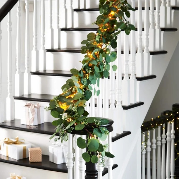 Eucalyptus Garland with Lights - 6 Foot, Battery Operated, 120 Warm White LED Lights, Artificial ... | Walmart (US)