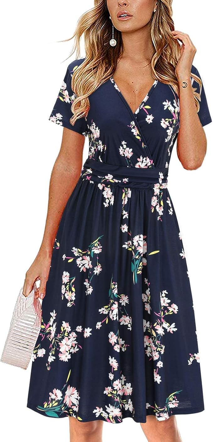 Newshows Women's 2024 Summer Short Sleeve Casual Midi Dresses V Neck Floral Sundress Faux Wrap Dr... | Amazon (US)