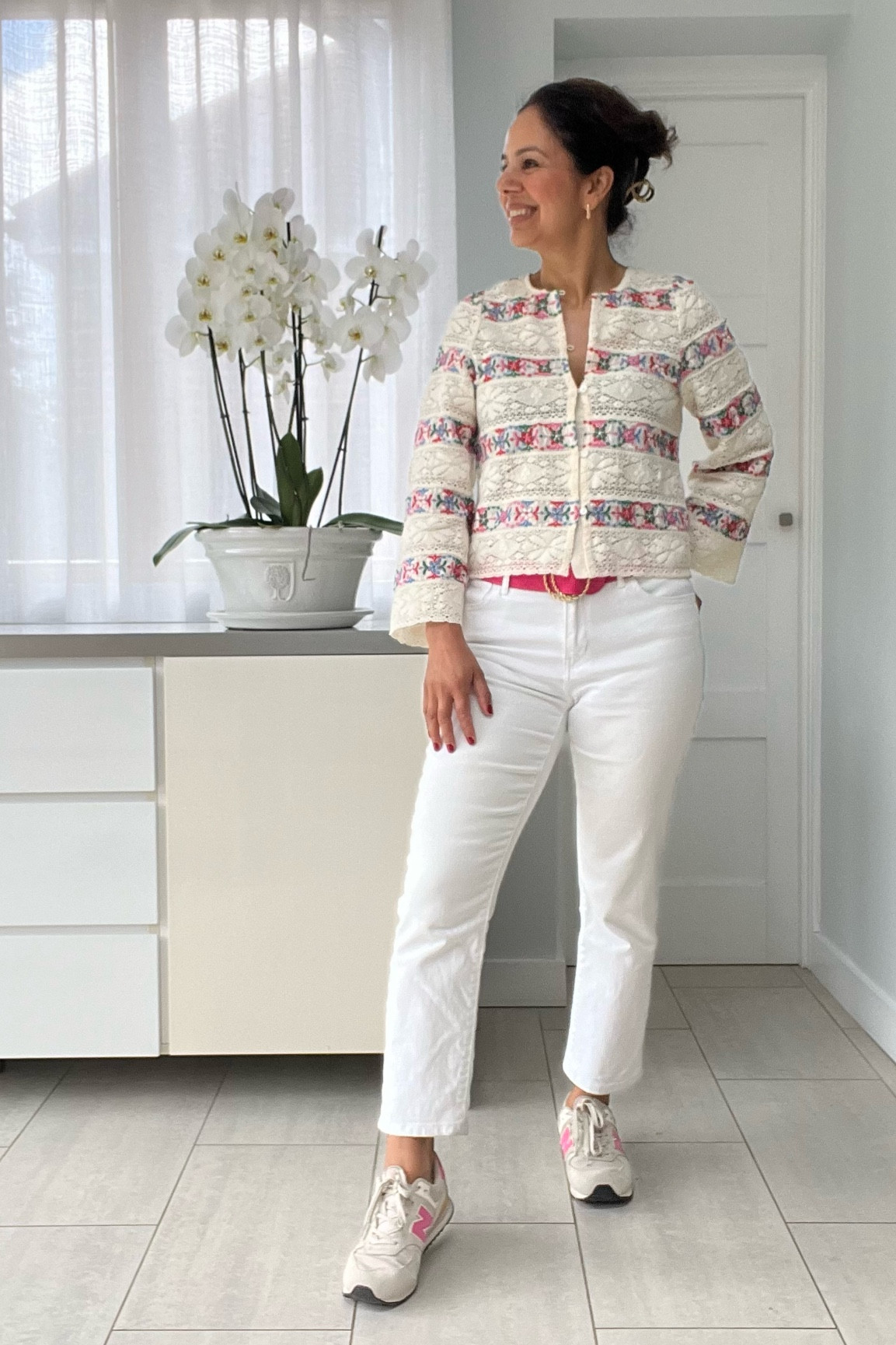 Sezane, belts, relaxed Sunday outfit,  petite fashion, white jeans, cropped jeans, New Balance trainers,workwear fashion, transitional outfit, transitional style, spring outfit ideas, spring fashion.

#LTKover50style #LTKeurope #LTKuk