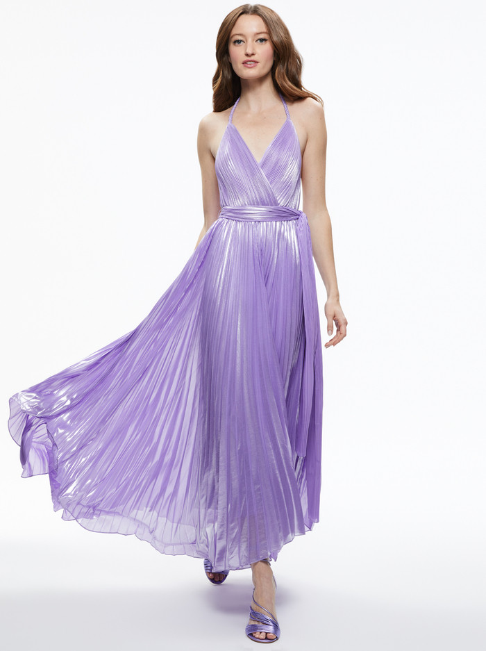 ARISTA SLEEVELESS HALTER NECK PLEATED MAXI DRESS | Alice + Olivia