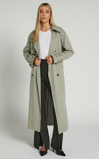 Avah Trench Coat - Double Breasted Tie Waist Coat in Washed Khaki | Showpo (US, UK & Europe)