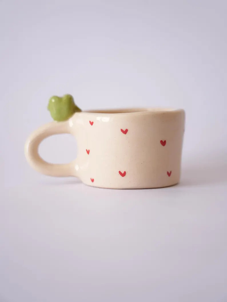 🌿 Handmade Mini Frog Mug with Red Hearts – 70 mlThis adorable handmade porcelain mini mug fe... | Etsy (US)