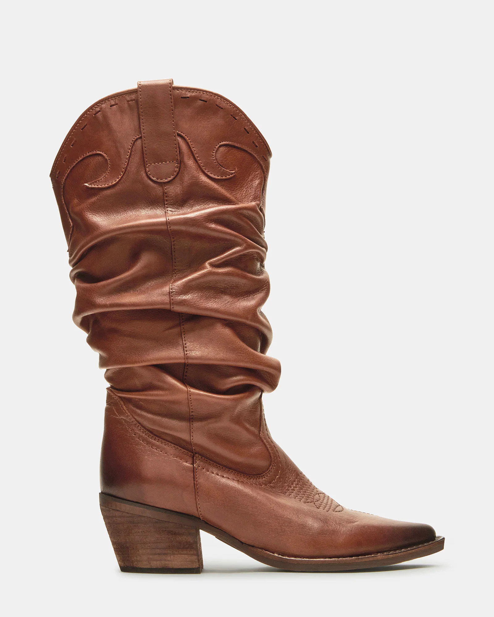 STAGE Cognac Leather Pointed-Toe Scrunched Western Women's Boot | Steve Madden (US)