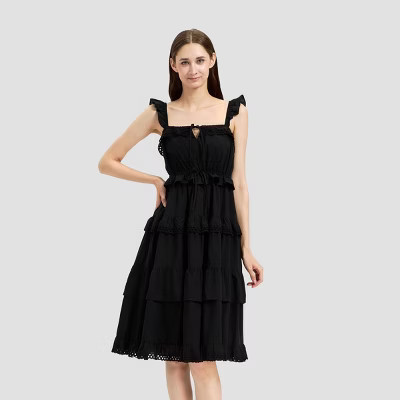 Women's Sleeveless Ruffle Sleeve Tiered Midi A-Line Dress - Universal Thread™ Black XS | Target
