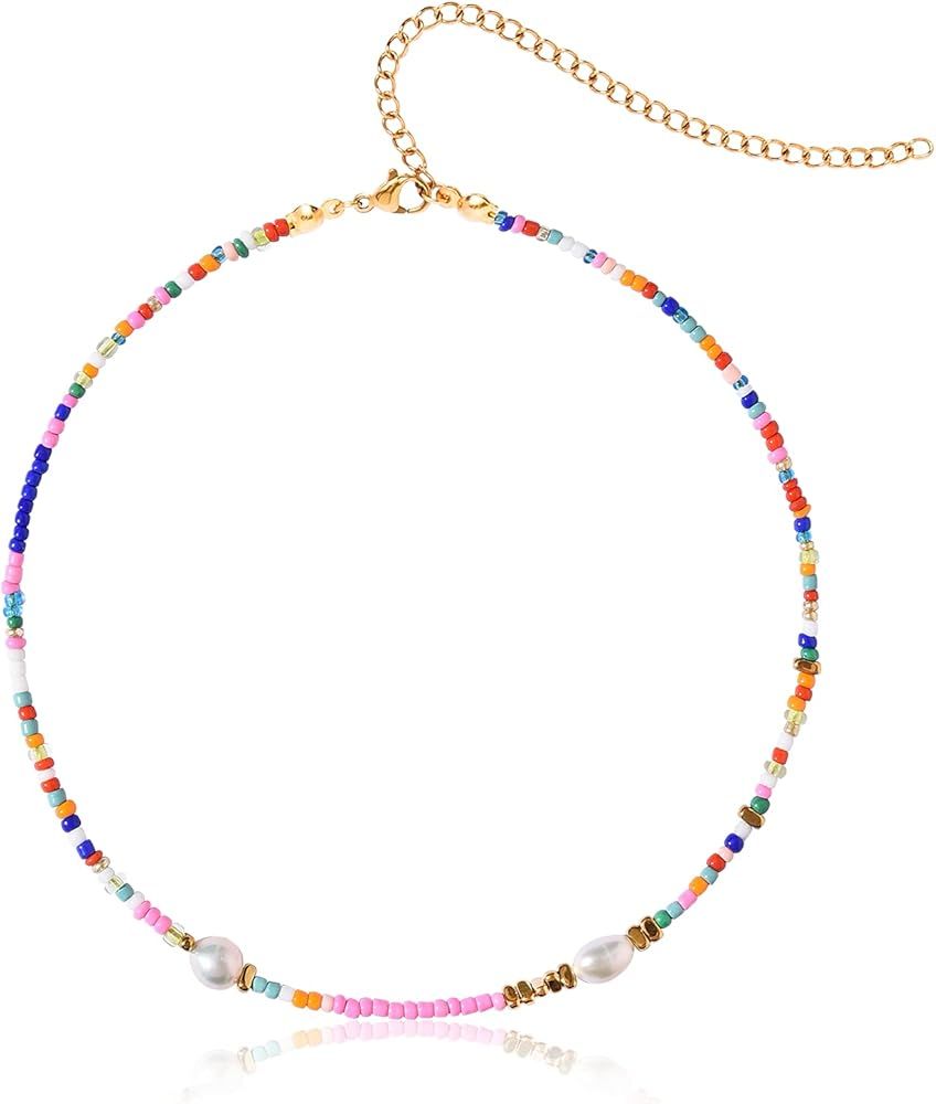 Wellike Colorful Beaded Choker Necklace for Women Freshwater Pearl Choker Necklace Boho Handmade Sta | Amazon (US)