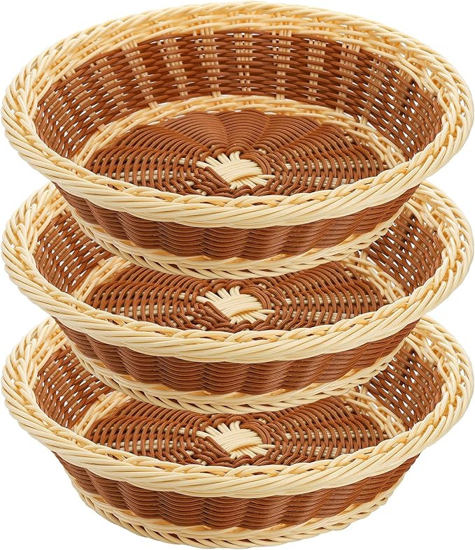 3 Pack Woven Bread Baskets, Plastic Wicker Fruit Baskets 11.5 Inch Round Imitation Rattan Basket,... | Amazon (US)