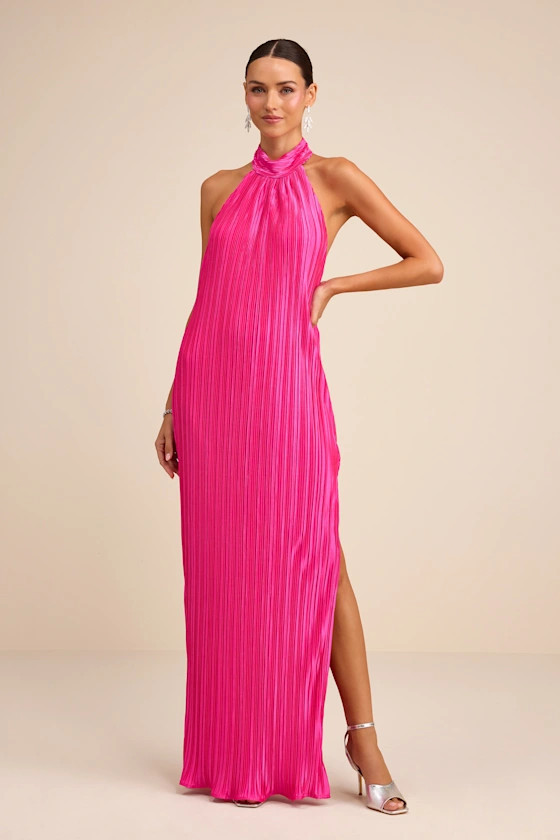 Gwenny Hot Pink Satin Plisse Maxi Dress | Lulus