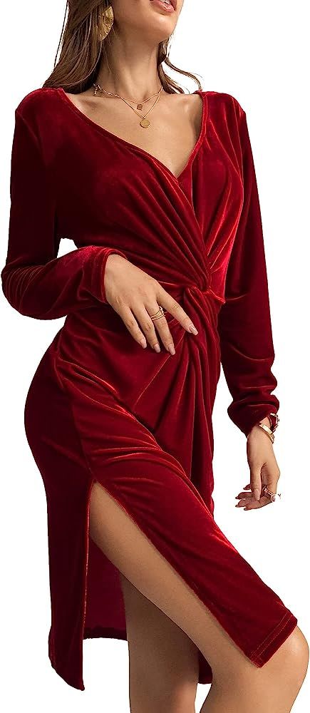 2021 Sexy Twist Tie Knot Bodycon Ruched Velvet Dress Split Dress Vneck Cocktail Party Evening Clu... | Amazon (US)