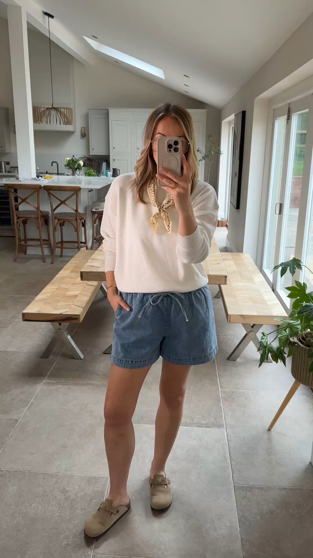These denim shorts are the same cut as the linen ones I’ve recommended for the past 12 months . 
Nice relaxed A-line shape , elasticated waist 
Pockets 
I’m wearing a medium . 
Styled with this super soft cotton knit - wearing a large. 

#LTKsummer #LTKspring #LTKtravel
