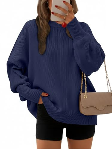 EFAN Women's Oversized Sweaters 2025 Fall Trendy Crewneck Batwing Sleeve Chunky Knit Long Pullover Cute Tunic Tops Dress Winter Clothes Cashmere Fashion Outfits Ladies Clothing Navy Blue S | Amazon (US)