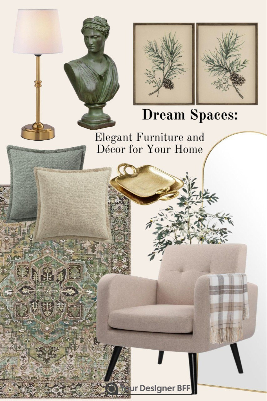 Home Decor, Elegant Furniture, Area Rug, Accent Chair, Throw pillow, Bust Statue, Decorative Gold Trays, Arched Mirror, Throw Blanket, Table Lamp, Wall Art, Faux Olive Tree. 

#LTKHome #LTKFamily #LTKHoliday
