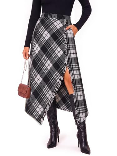 Yousify Plaid Skirts for Women Wrap Asymmetrical Hem Tartan Slit Midi Skirt | Amazon (US)
