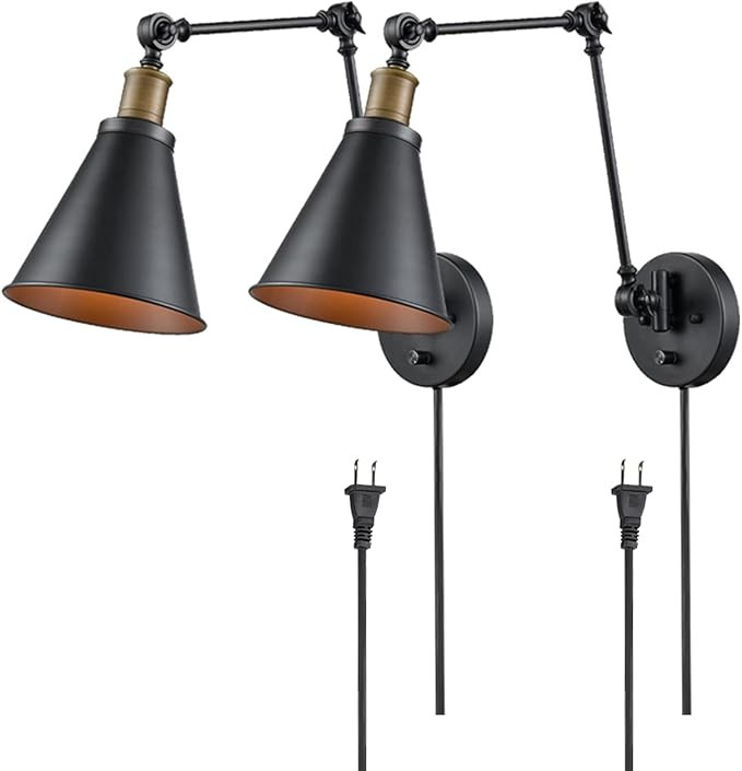 CLAXY Industrial Black and Antique Brass Swing Arm Wall Light Functional Sconce Light-2 Pack | Amazon (US)