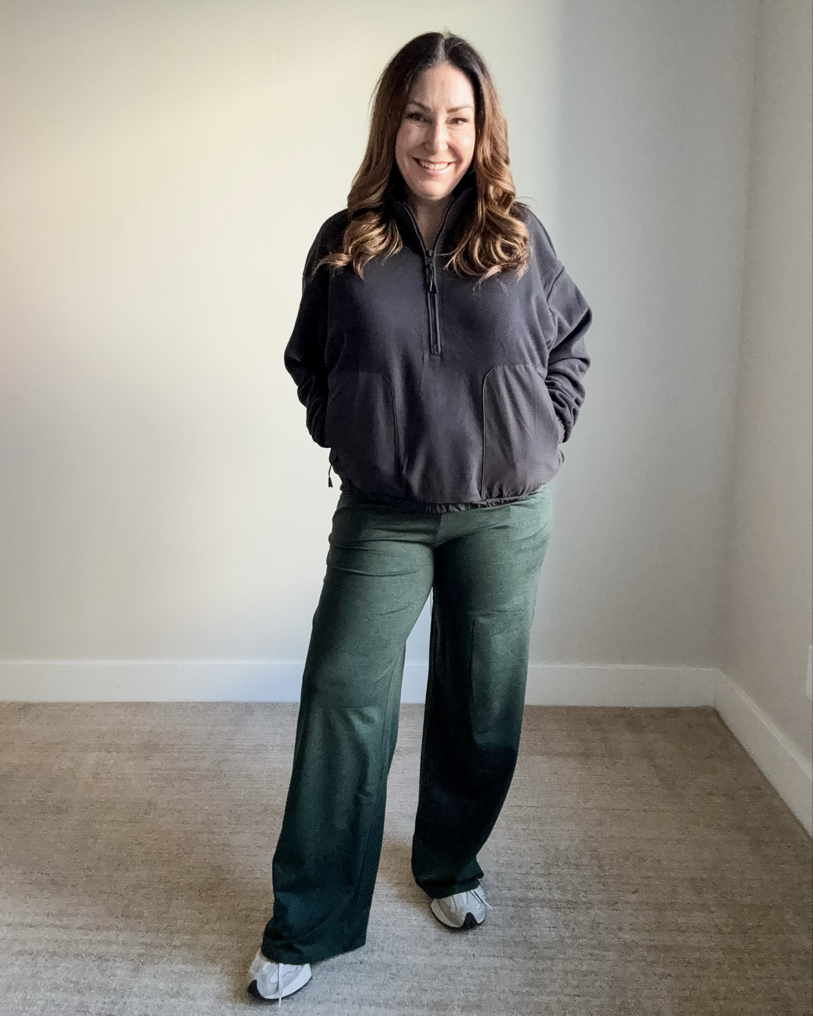 Obsessed with these cozy green wide leg pants and half zip jacket—cute for winter but not boring. | Wearing L in both 

 

#LTKSeasonal #LTKActive #LTKOver40