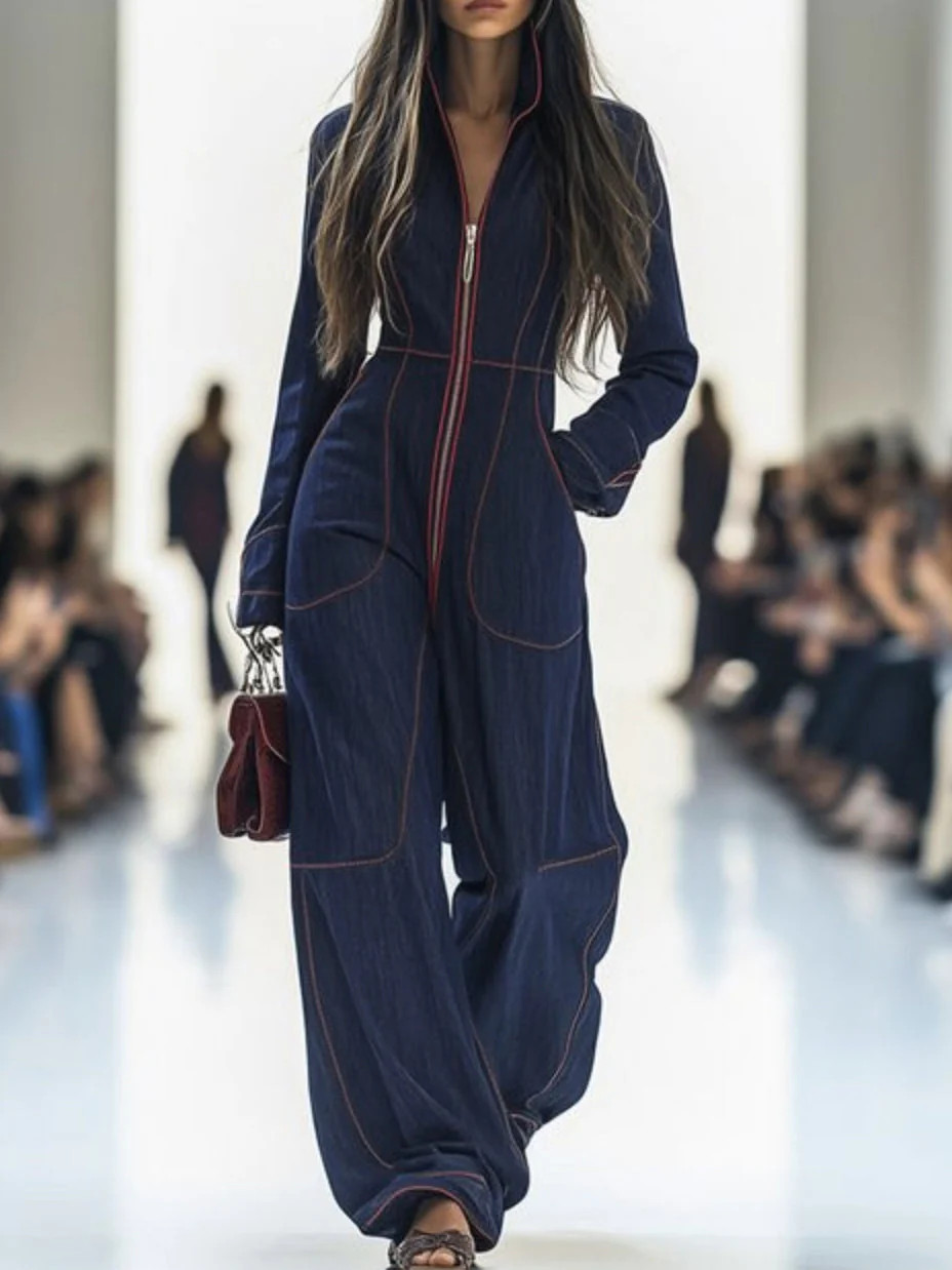 FLOWEARY Long Sleeves Wide Leg Zipper Stand Collar Jumpsuits - Long Sleeves Wide Leg Zipper Stand Collar Jumpsuits | Shop.app