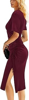 ULTRANICE Women's Short Sleeve Rib Knit Bodycon Ruched Midi Dress Wrap V Neck Side Drawstring Par... | Amazon (US)