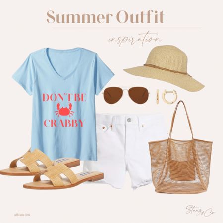 This summer outfit includes a “don’t be crabby” tee shirt paired with tall friendly white jean shorts, rattan sandals and coordinating hat, aviator sunglasses, gold huggie hoops, and a beach tote. 

Ootd, summer outfit, Amazon fashion, 4th of July outfit, Amazon fashion 

#LTKstyletip #LTKfindsunder50 #LTKshoecrush