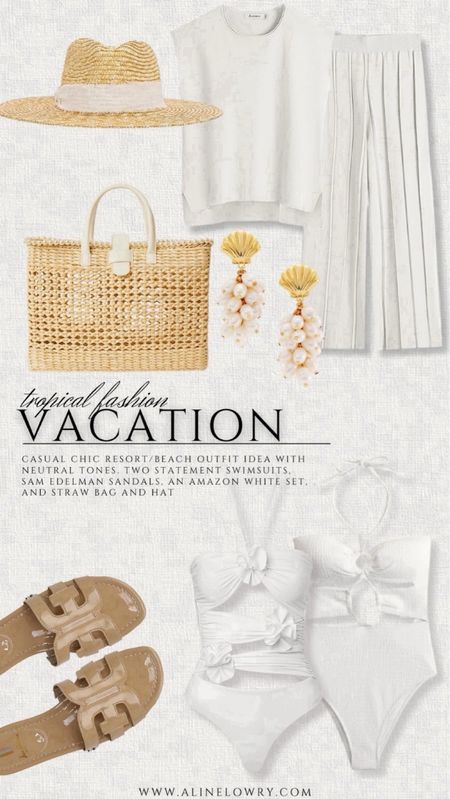 Tropical Vacation Outfit Idea for resort or beach getaway - all neutral. Two statement swimsuits, Amazon white set, Sam Edelman sandals, and straw bag and hat. 



#LTKswim #LTKSeasonal #LTKstyletip