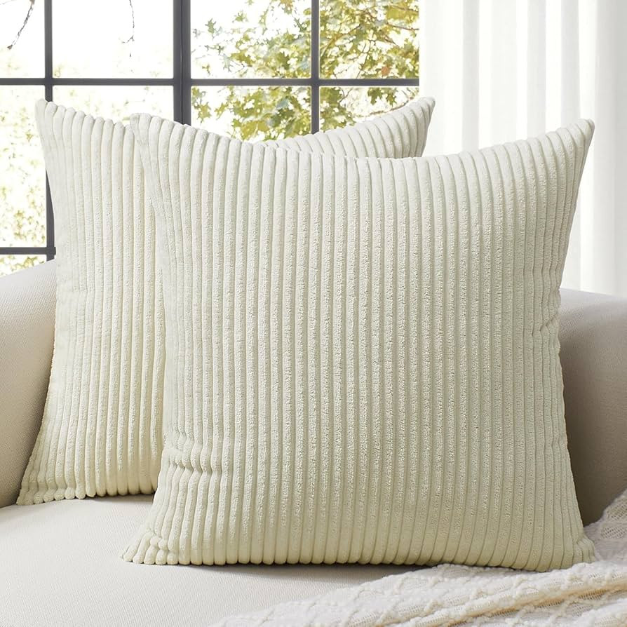 Softalker Throw Pillow Covers 18 x 18, Set of 2 - Cream Decorative Soft Corduroy Striped Boho Thr... | Amazon (US)