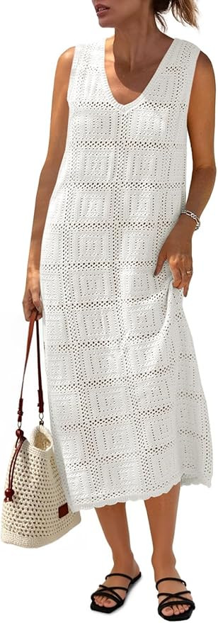 Fisoew Womens Crochet Sleeveless Dress Casual Summer V Neck Boho Knit Cover Up Beach Vacation Mid... | Amazon (US)