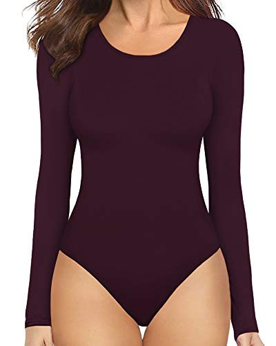 MANGOPOP Round Neck Long Sleeve Bodysuits for Women Basic Body Suit Shirts Tops Burgundy XL | Amazon (US)
